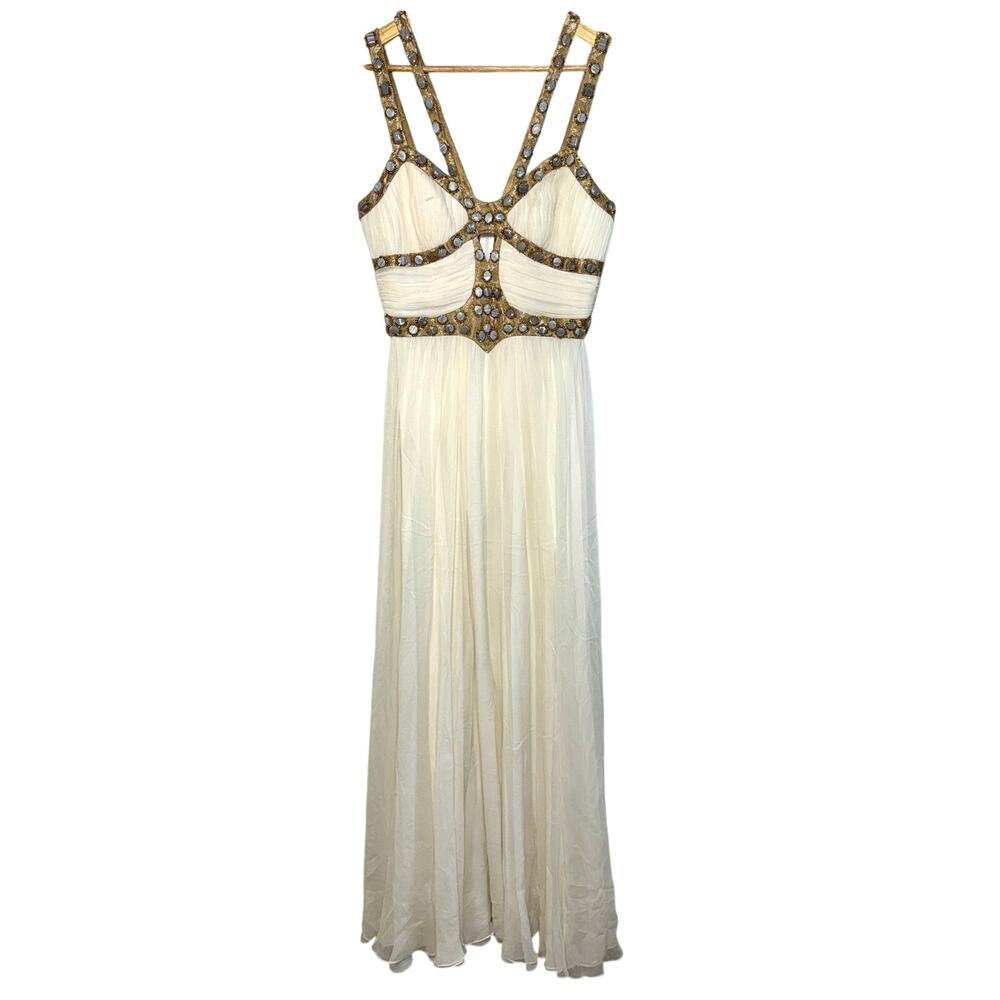 NWT Mandalay White Silk Gold Gray Beaded Cutout Maxi Evening Gown Dress Womens 6